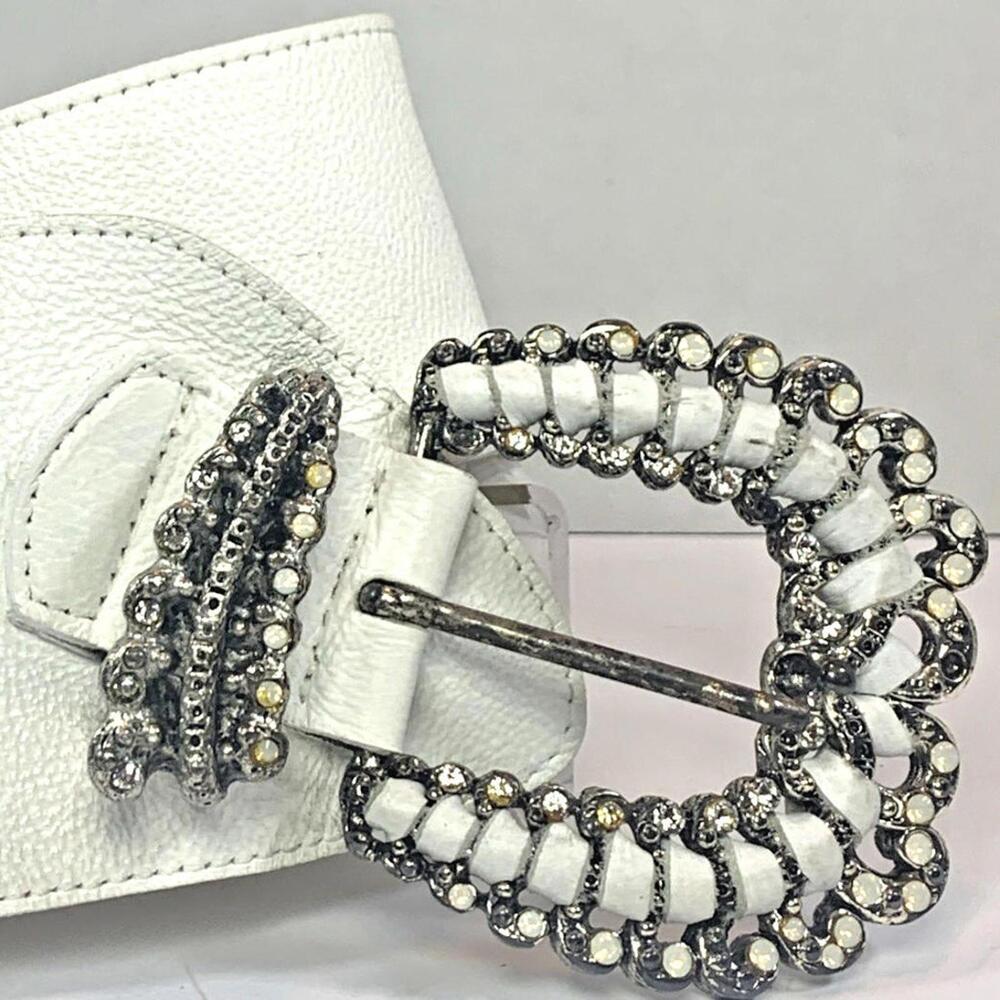 Leatherock Pave Wide White Leather Belt Rhinestones Western Wrapped Buckle Sz 30